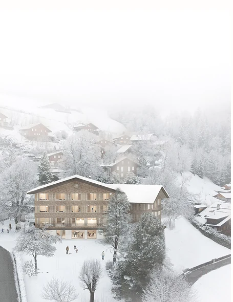 Bâtiment dans un paysage hivernal